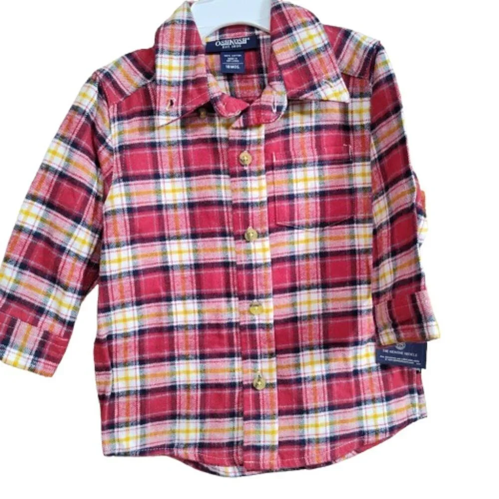 2 OshKosh  Baby 18 Month Cotton Plaid Flannel Long Sleeve Shirts NWTs